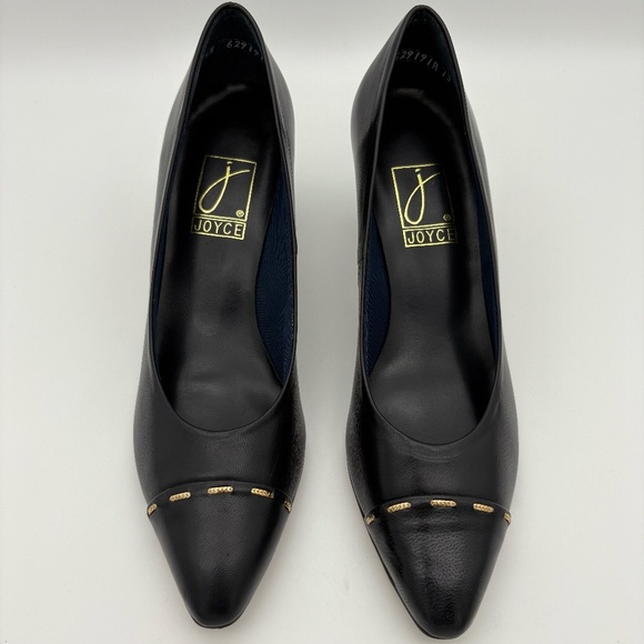 Joyce Vintage Dark Navy Kidskin Leather Pointed Toe Heels with Gold Toe Accent - Picture 1 of 15